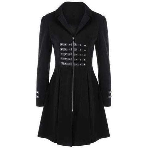 PU Leather Trim Lace Up Flare Coat - Black Xl