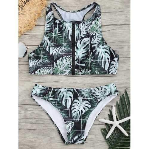 Zip Tropical Leaves Print Bikini Set - M