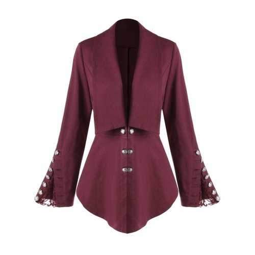 Plus Size Lace Insert Button Shawl Collar Jacket - Wine Red Xl