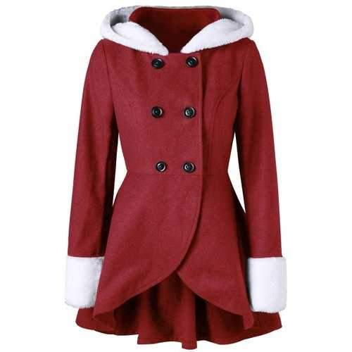 Plush Hooded Double Breasted Tunic Coat - Red M