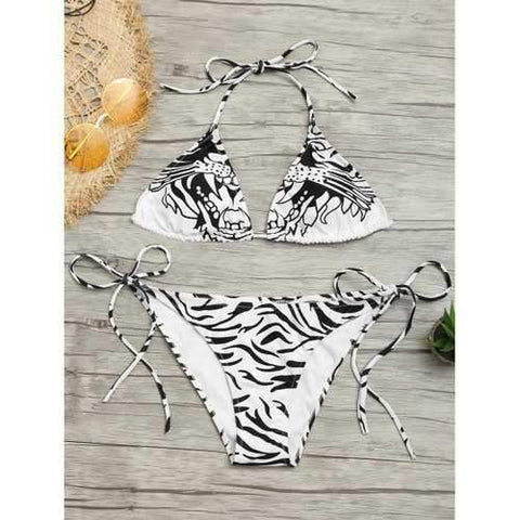 Zebra Print Halter Tied Bikini Set - White And Black Xl