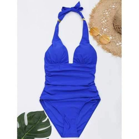 One Piece Ruched Halter Swimsuit - Blue L