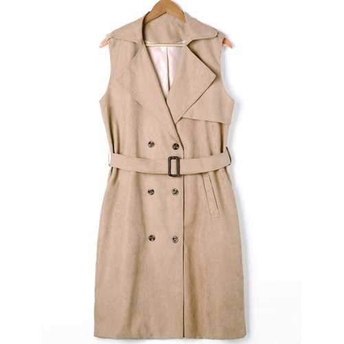 Plus Size Double Breasted Longline Waistcoat with Belt - Light Khaki Xl