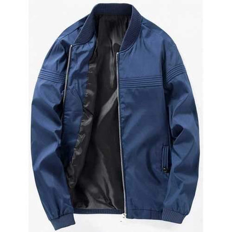 Stand Collar Zip Up Casual Bomber Jacket - Deep Blue 2xl