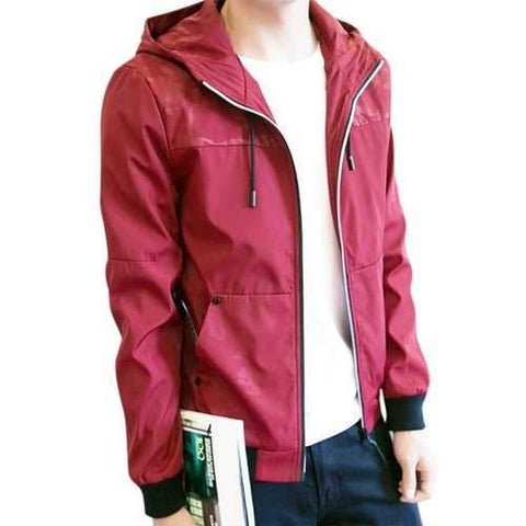 Zip Up Drawstring Hooded Track Jacket - Red L