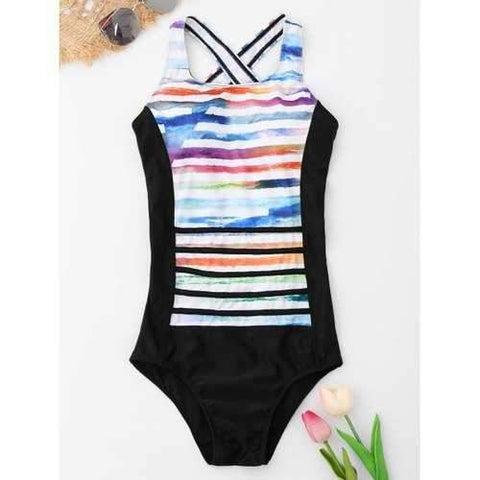 Striped Crossback One Piece Swimsuit - L