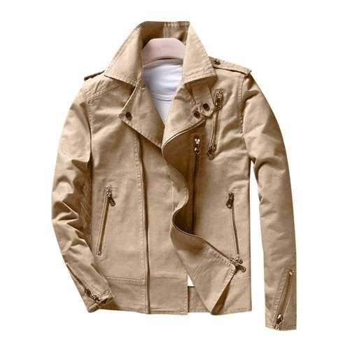 Slim Fit Asymetrical Motocycle Jacket - Khaki M