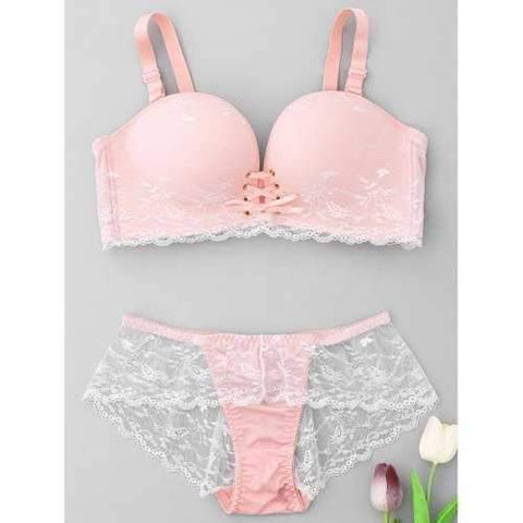 Lace See Through Bra Set - Light Pink 85b