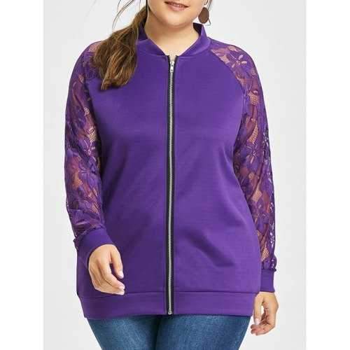 Floral Lace Zipper Plus Size Jacket - Purple Xl