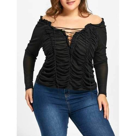 Plus Size Ruched Sheer Plunging Blouse - Black Xl