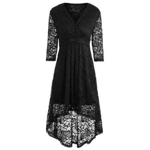 Plunging Neckline High Low Lace Midi Dress - Black L