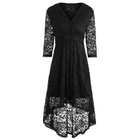 Plunging Neckline High Low Lace Midi Dress - Black L