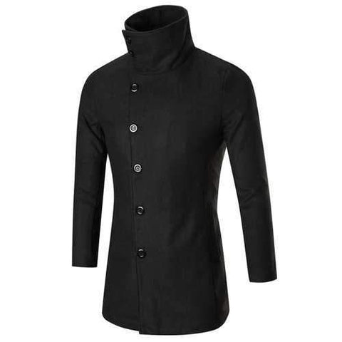 Single Breasted High Collar Wool Blend Coat - Black Xl