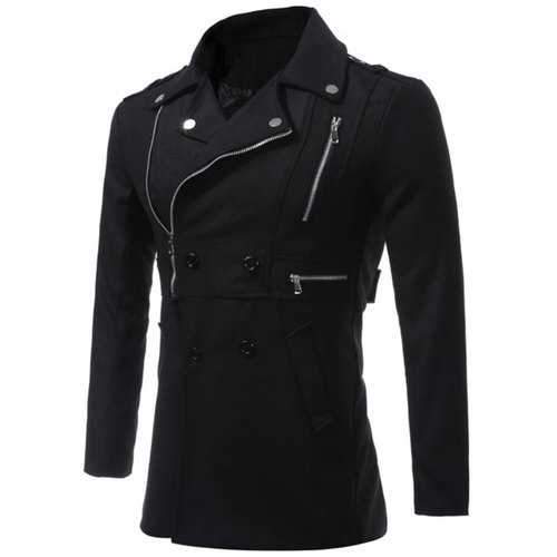 Epaulet Design Asymmetrical Zip Up Coat - Black Xl