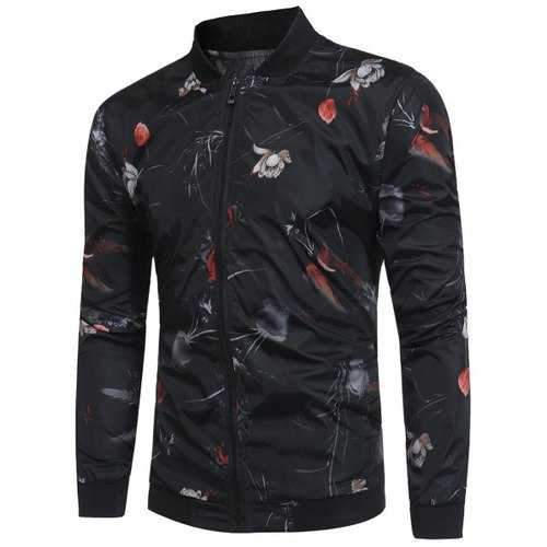 Lotus Flower Print Lightweight Bomber Jacket - Black M