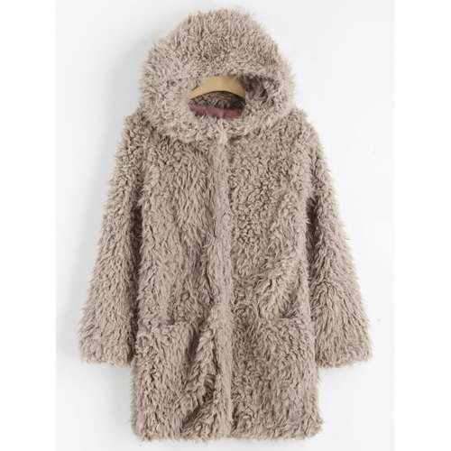 Faux Lamb Wool Hooded Coat with Pocket - Light Khaki M