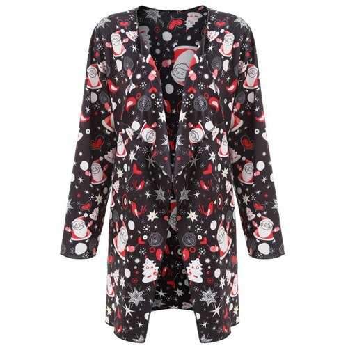 Plus Size Father Christmas Printed Long Draped Coat - Black Xl