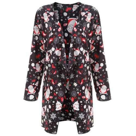 Plus Size Father Christmas Printed Long Draped Coat - Black Xl