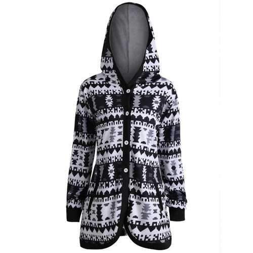 Plus Size Geometric Button Up Hooded Coat - Black Xl