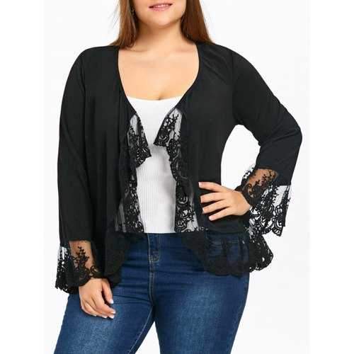 Plus Size Lace Panel Open Front Flare Sleeve Jacket - Black Xl