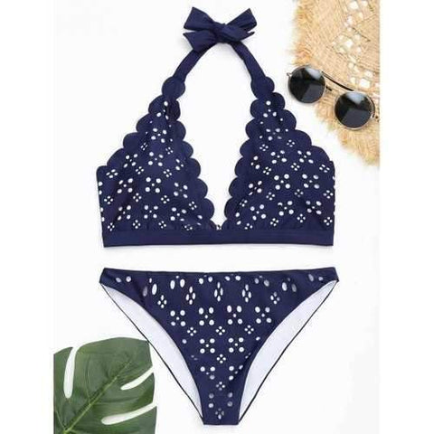 Scalloped Trim Openwork Bikini Set - Cerulean L