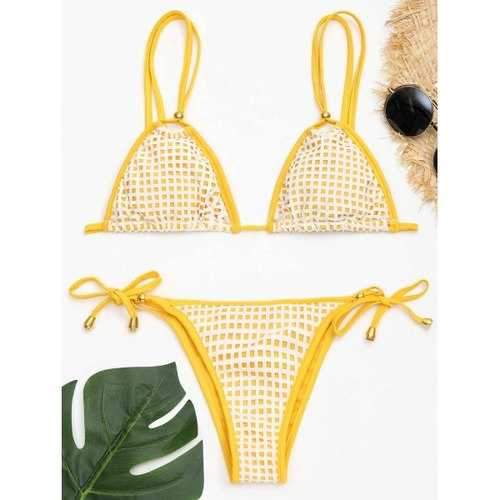 Low Waist Tied Openwork Bikini Set - White And Yellow L