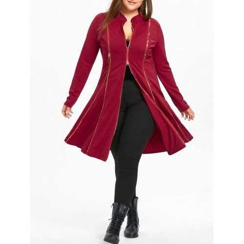 Plus Size Zip Up Longline Coat - Red Xl