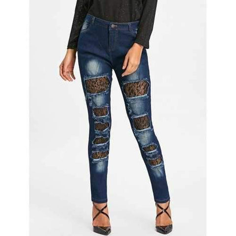 Lace Insert Distressed Denim Jeans - Blue L