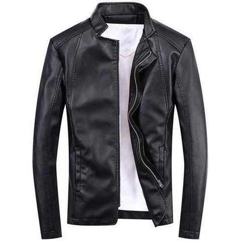 Casual Full Zip Faux Leather Jacket - Black 2xl