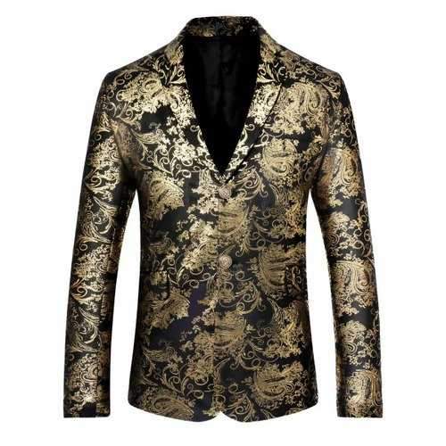 Retro Pattern Single Breasted Velveteen Blazer - Golden S