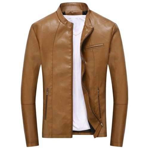 Full Zip Casual PU Leather Jacket - Light Brown 3xl