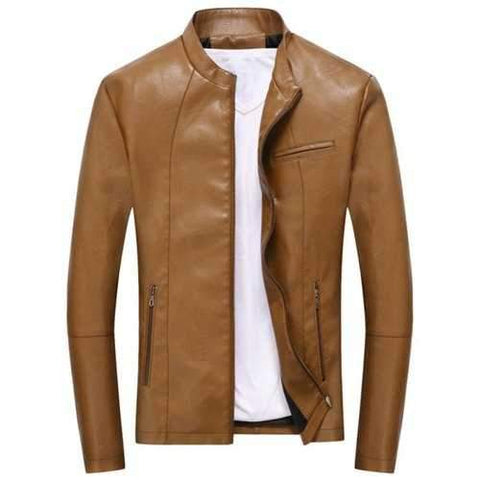 Full Zip Casual PU Leather Jacket - Light Brown 3xl