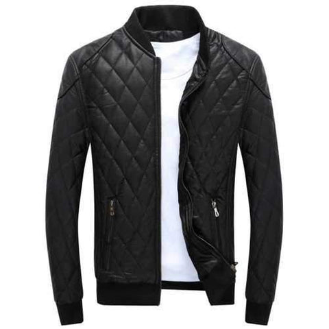 Zip Up Diamond Faux Leather Bomber Jacket - Black M