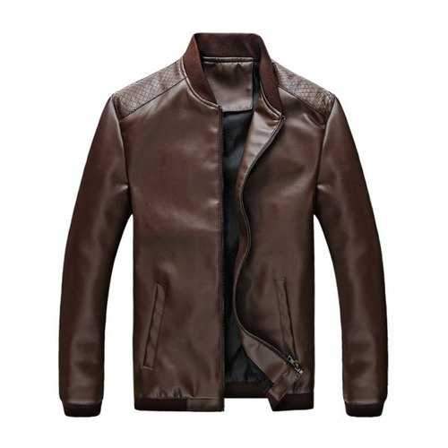 Casual Zip Up PU Leather Bomber Jacket - Coffee 2xl