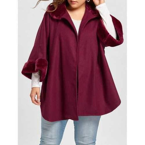 Plus Size Plush Trim Dolphin Hem Coat - Wine Red Xl