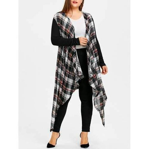 Plus Size Plaid Crescent Hem Coat - Xl