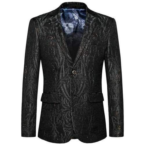 Lapel Collar Single Breasted Jacquard Blazer - Black 2xl