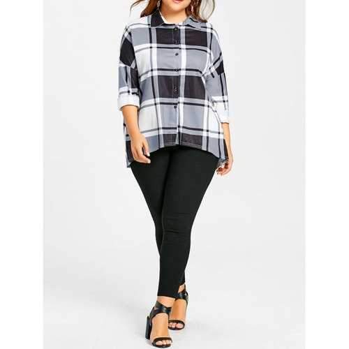 High Low Plaid Plus Size Blouse - Black White Xl