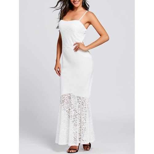 Lace Panel Spaghetti Strap Mermaid Dress - White S