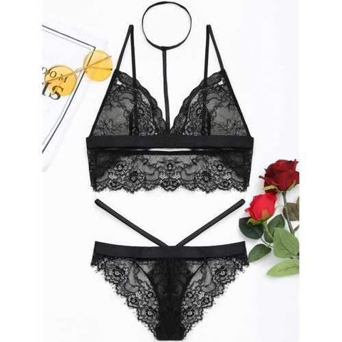 Caged Choker Lace Bra and Panties Set - Black M