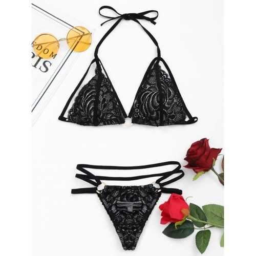 Halter Caged Lingerie Lace Panties Set - Black M