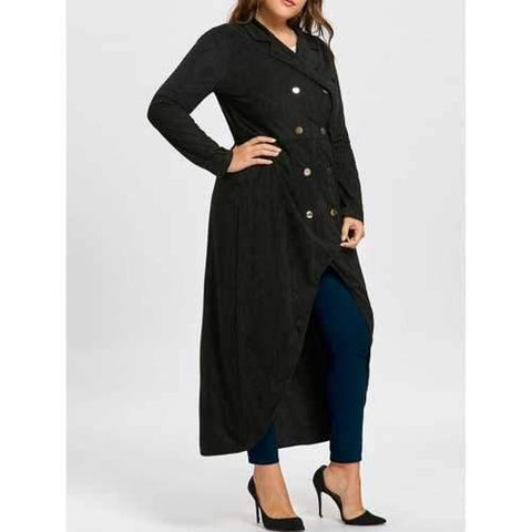 Gothic Plus Size Double Breast Maxi High Low Coat - Black Xl