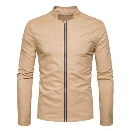 Stand Collar Zipper Pockets Zip Up Jacket - Khaki Xl