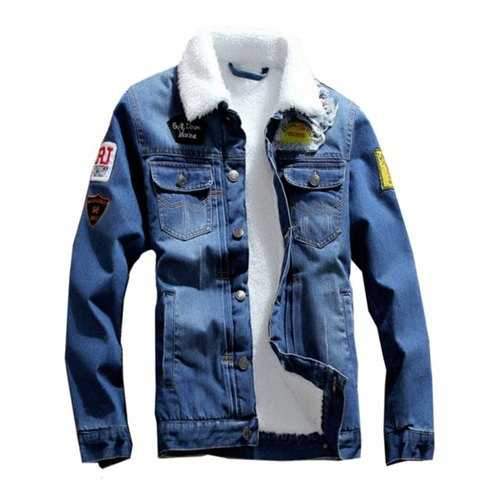 Patch Design Flocking Denim Jacket - Deep Blue 3xl