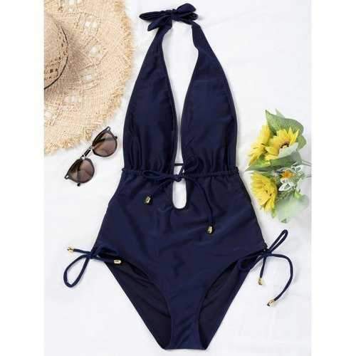 Halter Low Cut Drawstring Swimsuit - Purplish Blue S