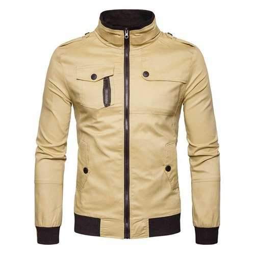 Epaulet Design Pockets Zip Up Cargo Jacket - Khaki M