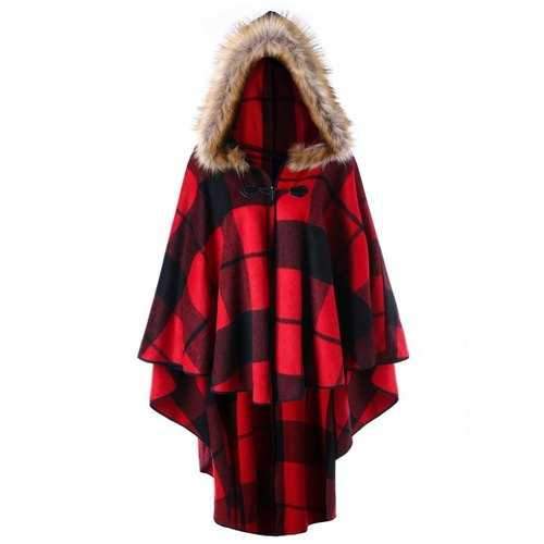 Plus Size Plaid High Low Hooded Cloak - Red Plaid 2xl