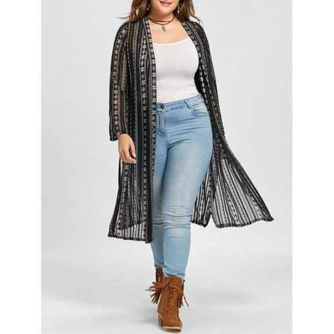 Plus Size Floral Print Collarless Coat - Black One Size