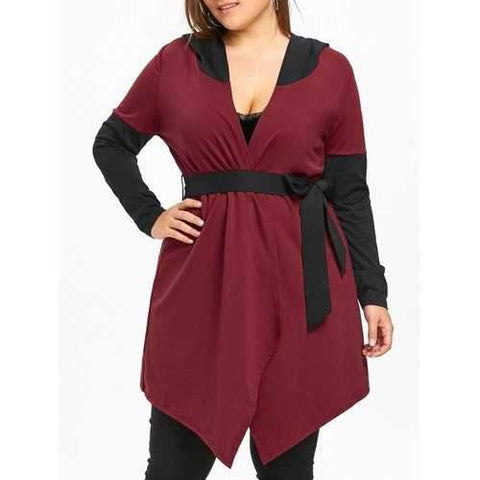 Plus Size Two Tone Hooded Coat - Wine Red Xl