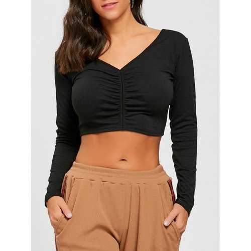 Long Sleeve V Neck Crop Top - Black 2xl